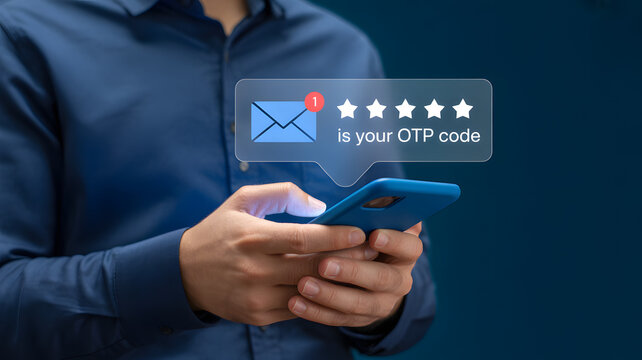 Man holding smartphone with otp code notification on screen in dark blue shirt