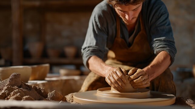 A traditional potter shaping clay on a spinning wheel, hands coated in earth tones as sunlight streams through an old workshop window — heritage craftsmanship, handmade ceramics culture, and
