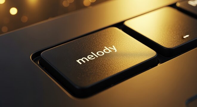 Close-up of a keyboard key labeled 'melody'. The key is black with white text, illuminated by soft golden light, creating a warm atmosphere.