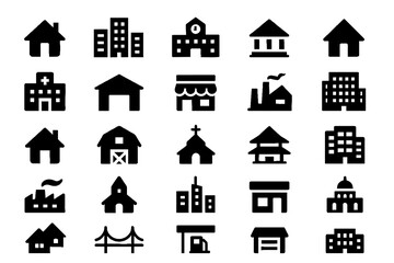 Set of Black Building and Architecture Icons