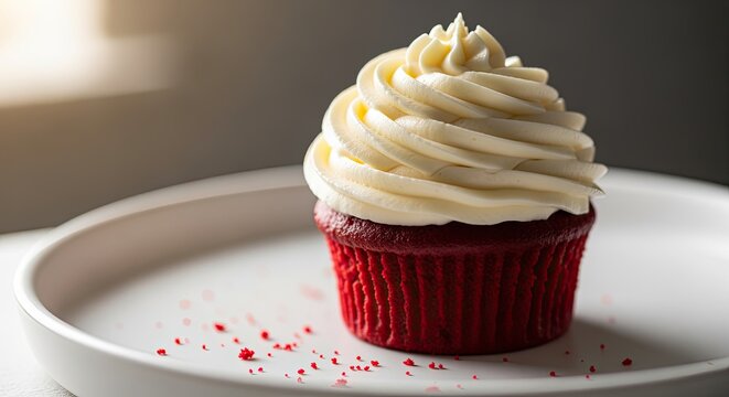 A red velvet cupcake topped with creamy white frosting sits on a white plate. The background is softly blurred, highlighting the dessert. - Powered by Adobe