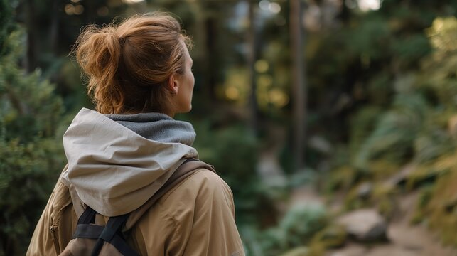 A person recovering from anxiety enjoying their first peaceful walk in months along a wooded trail, focusing on breaths and natural sounds — mental health recovery, nature therapy, and slow