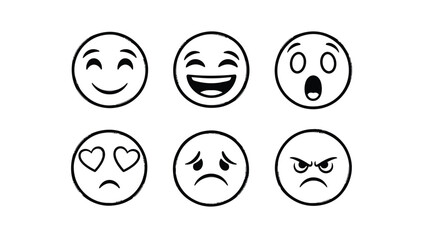 Set of six hand drawn emoji faces expressing different emotions