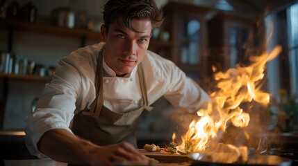A chef racing against a kitchen timer in a culinary challenge, flames rising from a pan as ingredients fly across the cutting board — high-pressure creativity and competitive cooking energy.