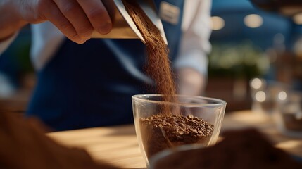 A barista pouring used coffee grounds into a compact household biofuel press, demonstrating how waste transforms into small energy pellets — circular economy innovation, waste-to-energy DIY