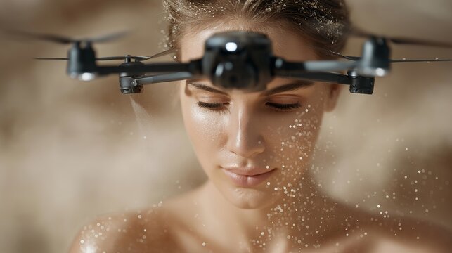 A beauty drone hovering gently around a user, spraying a precise cloud of micro-serum nanoparticles that settle evenly across the skin — autonomous beauty delivery system, futuristic grooming