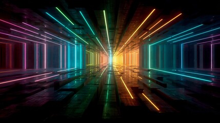 A long corridor illuminated by colorful neon lights creating a futuristic and vibrant atmosphere
