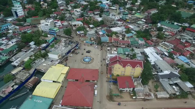 Coron Cityscape and Seashore in Background. Palawan, Philippines. Local Architecure in Background. Drone