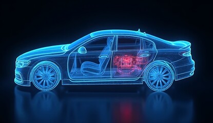 Naklejka premium Futuristic car wireframe hologram with glowing internal engine and mechanical components on dark background
