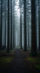 Naklejka premium Dense forest pathway through tall trees in foggy morning light
