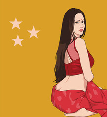 Rear view of a beautiful Indian woman in a red saree looking back over her shoulder against a yellow background with stars