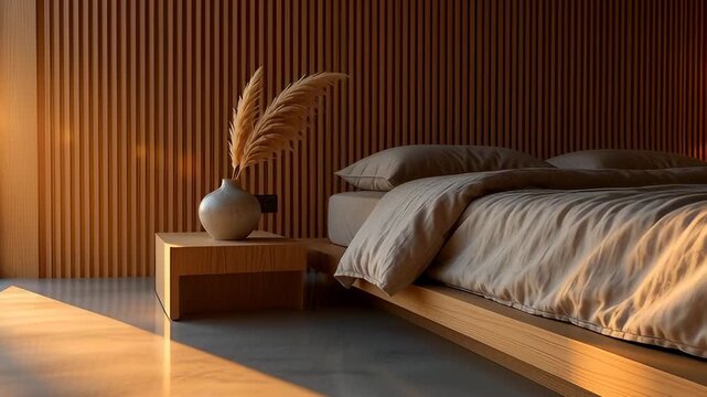 Modern minimalist bedroom interior showcasing a wooden slat wall and platform bed bathed in warm golden sunset light, ideal for architectural design backgrounds