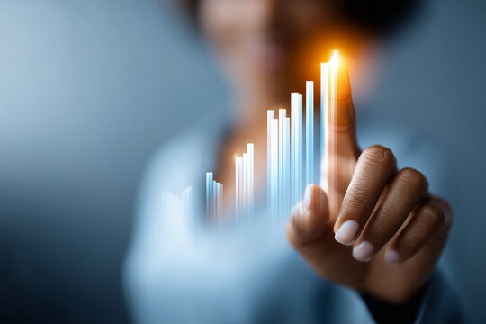 clouse up high-resolution businesswoman casting glowing data charts spell on clean gradient background, magical analytics aura, floating metrics,