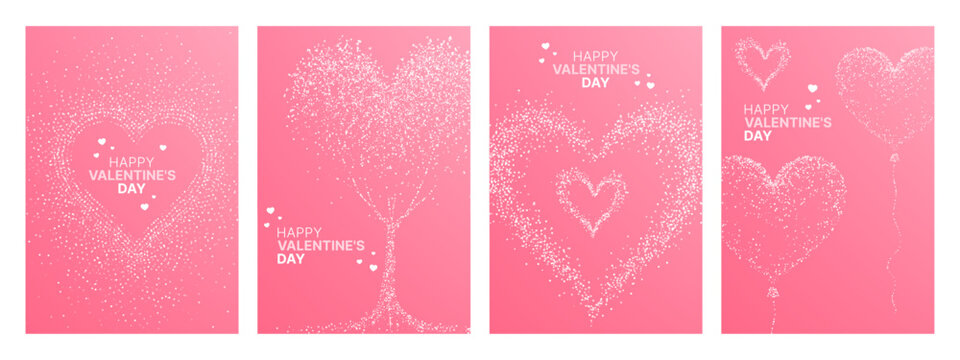Set of pink Valentines Day greeting card designs with heart shapes made of white glitter. Festive decoration for romantic holiday flyers and invitations. - Powered by Adobe
