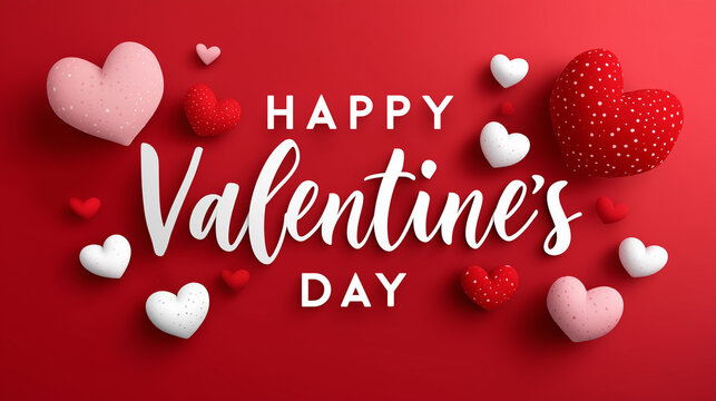 "Valentines Day banner flat design with a bright red gradient background, a large red dotted heart in the center with soft glow highlights, white HAPPY Valentines DAY text, sma