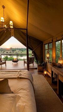 Luxurious African Safari Tent Bedroom with a Stunning Sunset View of Wildlife on the Savanna