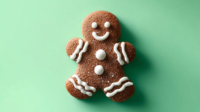 A gingerbread man decorated with white icing details, shown at a gentle three-quarter angle against a soft green background. The icing patterns