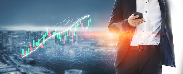 A business professional examines market trends using a smartphone against a dynamic cityscape backdrop, enhanced by a financial graph overlay, symbolizing modern finance. Impute