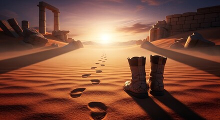 Desert footprints leading to sunset amidst ancient ruins scenery