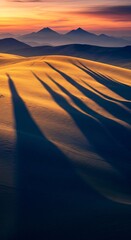 Desert dunes at sunset with long shadows landscape with mountains background