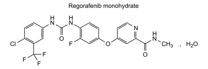 Obraz premium Regorafenib monohydrate, chemical structure of regorafenib monohydrate, drug substance