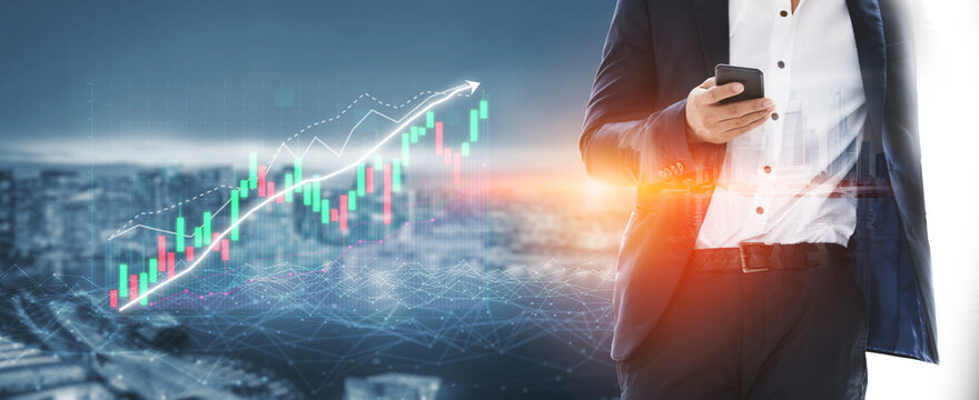 A business professional examines market trends using a smartphone against a dynamic cityscape backdrop, enhanced by a financial graph overlay, symbolizing modern finance. Impute