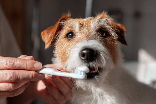 Dog enjoying a tooth brushing session at home in the morning with a caring owner in the background