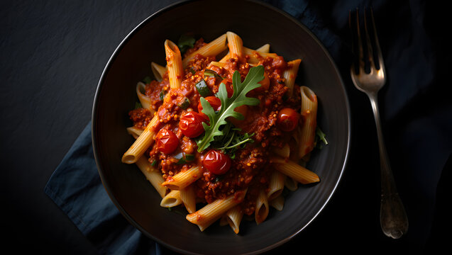 Hearty penne pasta dish with rich tomato meat sauce and fresh greens