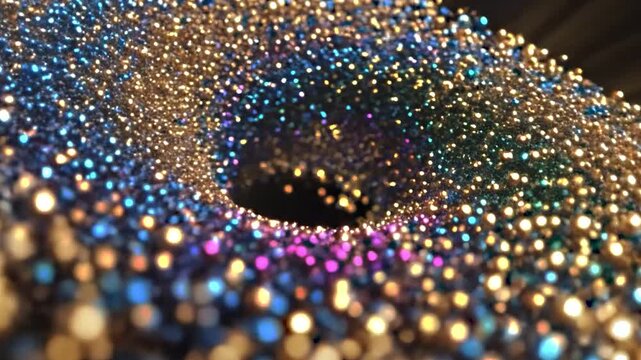 small particles moving in slow motion abstract and forming a donut for an infinite loop animation 4k footage on black background, colorful small bubbles and particles 