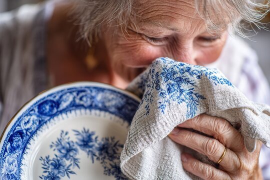 Elderly woman enjoying the scent of a clean plate while drying it in a cozy kitchen setting