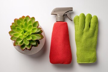 Cleaning supplies and a succulent plant arranged on a table for indoor gardening maintenance