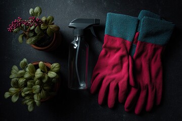 Gardening tools and supplies arranged on a dark surface for indoor plant care and maintenance
