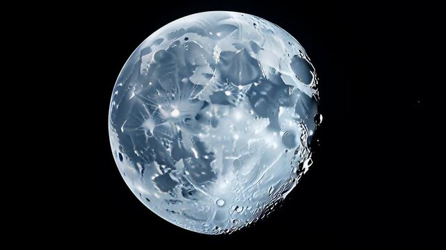 Realistic 3D animation of the moon rotating through phases against a starry galaxy background, showcasing detailed crater texture for astronomy concepts