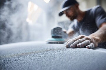 Craftsman shaping a surface with attention in a workshop during the afternoon