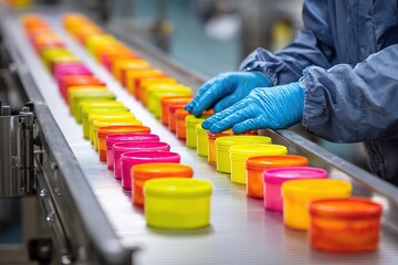 Workers prepare colorful containers on a production line at a factory in daylight hours