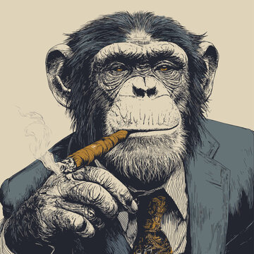 Vector illustration of a portrait of a chimpanzee smoking a cigar