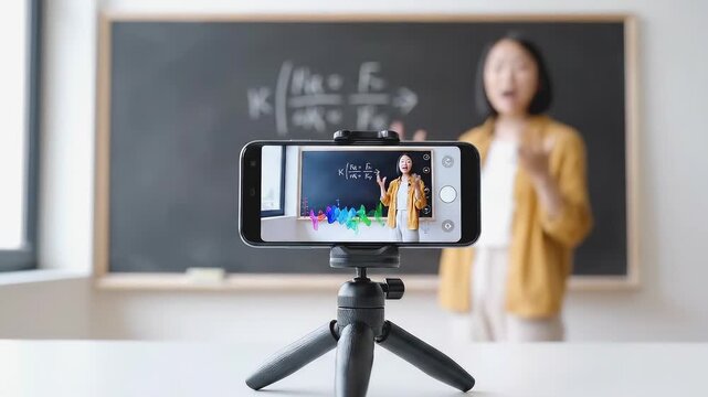 Educator explains concepts in front of chalkboard, captured through smartphone, with gradual zoom and focus on teaching process and engagement