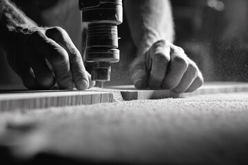 Craftsman using a router to shape wood in a workshop during daylight hours