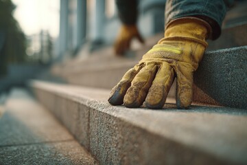 Worker in yellow gloves carefully ascends stone steps during daylight hours at an outdoor location