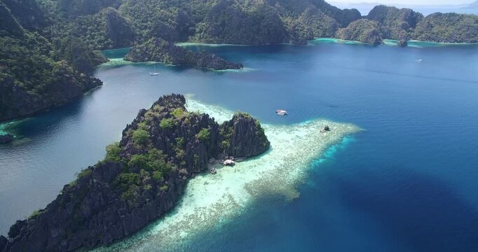 Twin Lagoon in a Very Popular Place Among Tourist in Coron, Palawan, Philippines. Landscape and Islands in Background. 4k Drone