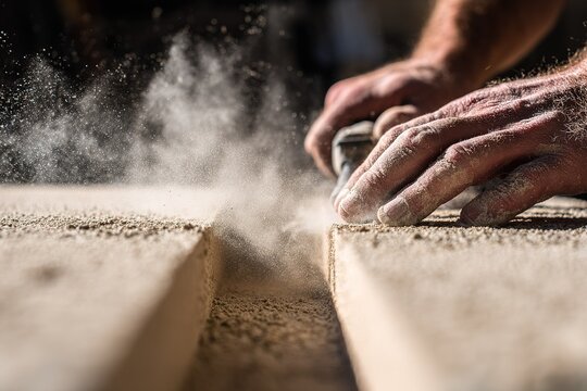 Craftsman shapes wood in workshop creating fine dust during afternoon project - Powered by Adobe