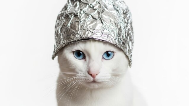 cat wearing a tinfoil hat, paranoid, paranoia, on a white background, animal photo