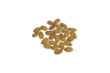 Raw almonds forming small pile on white background