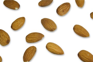 Almond nuts creating healthy food repeat pattern on white