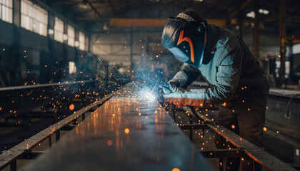 Industrial Welder Working on Metal Construction with Protective Gear
