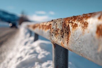 Rusty guardrail along a snowy mountain road with a clear blue sky in the background
