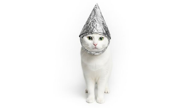cat wearing a tinfoil hat, paranoid, paranoia, on a white background, animal photo