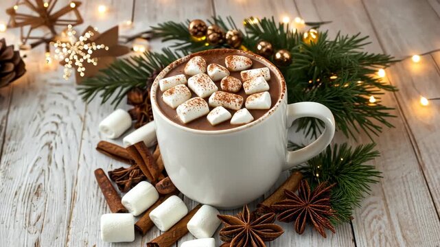 Enjoy a delightful cup of warm cocoa topped with marshmallows and festive spices in a winter holiday arrangement