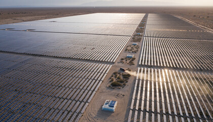 Aerial View of Solar Panel Farm in Desert Landscape
