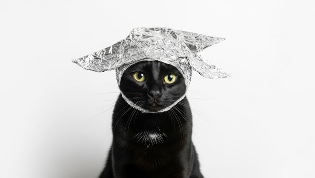 cat wearing a tinfoil hat, paranoid, paranoia, on a white background, animal photo